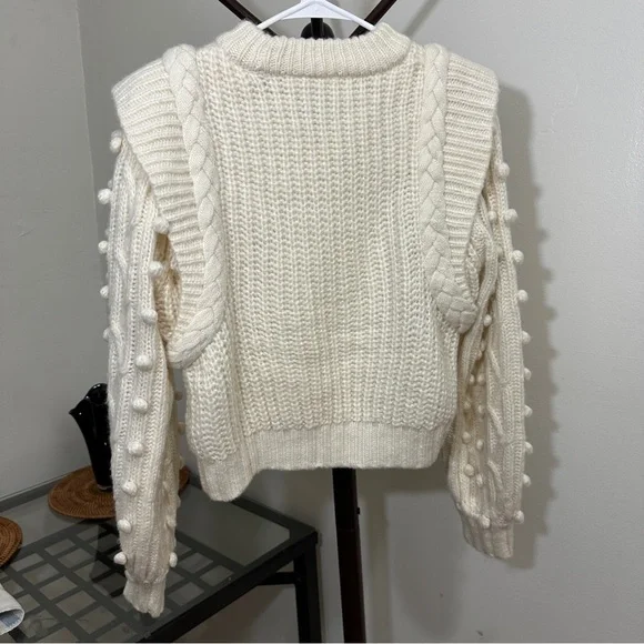 Farm Rio Braided Sweater S Pom Pom Off White wool blend - Picture 7 of 14